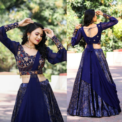 Digital Printed Navy Blue Color Lehenga Choli With Embroidey Work Belt