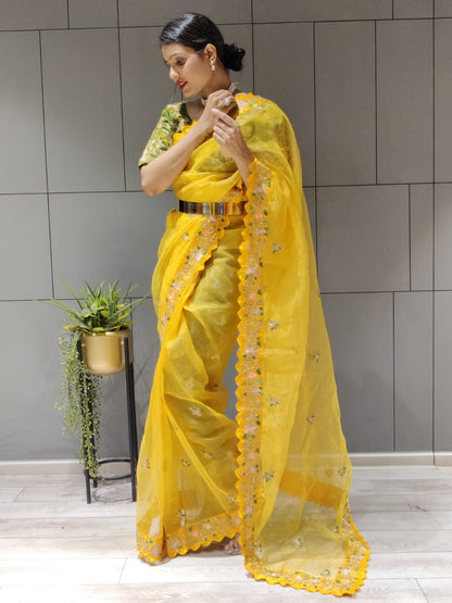 Yellow Color Multi Work Ready To Wear Organza Saree