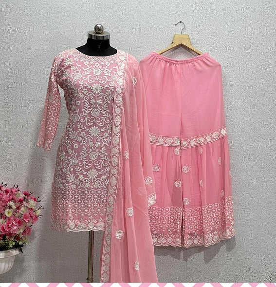 Embellished Light Pink Color Embroidery Work Sharara Suit