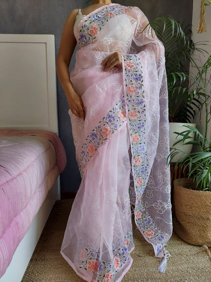 Luxuriant Pink Color Thread Work Organza Saree