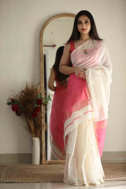 Casual Wear White Color Saree With Pink Border