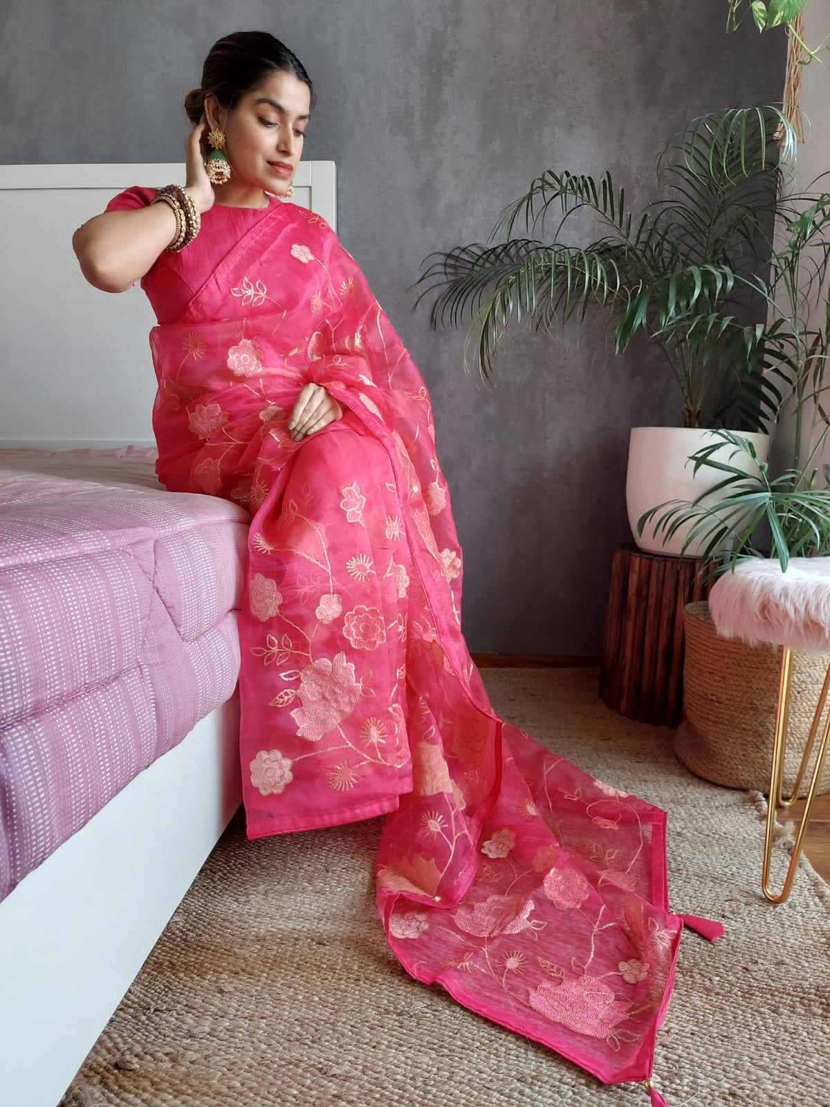 Glimmering  Pink Color All Over Work Organza Silk Saree