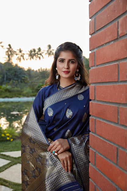 Lovely Navy Blue Color Banarasi Silk Saree