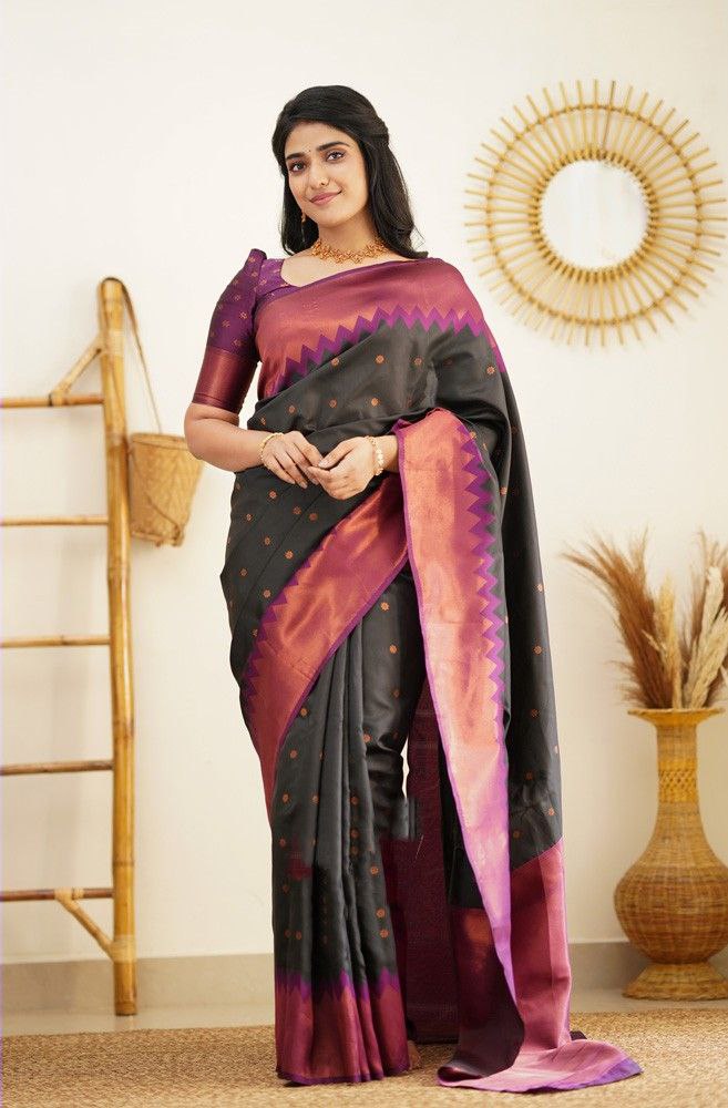 Stunning Black Color Jacquard Border Silk Saree