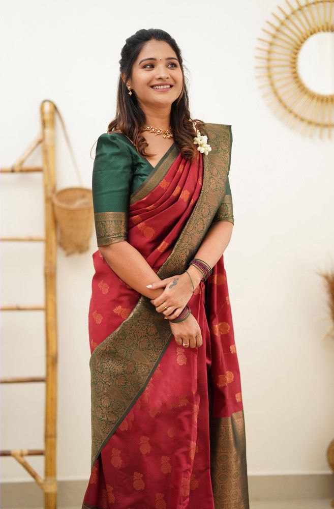 Festive Wear Red Color Lichi Silk Jari Work Saree