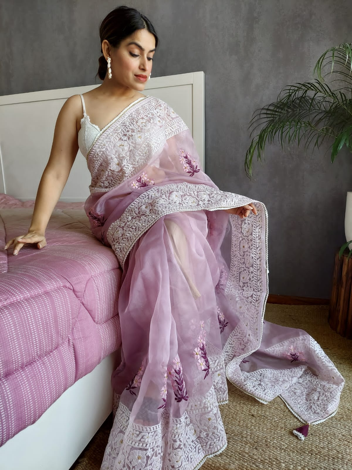 Delightful Lavender Color Organza Silk Saree