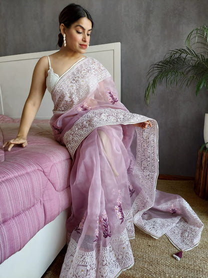 Delightful Lavender Color Organza Silk Saree