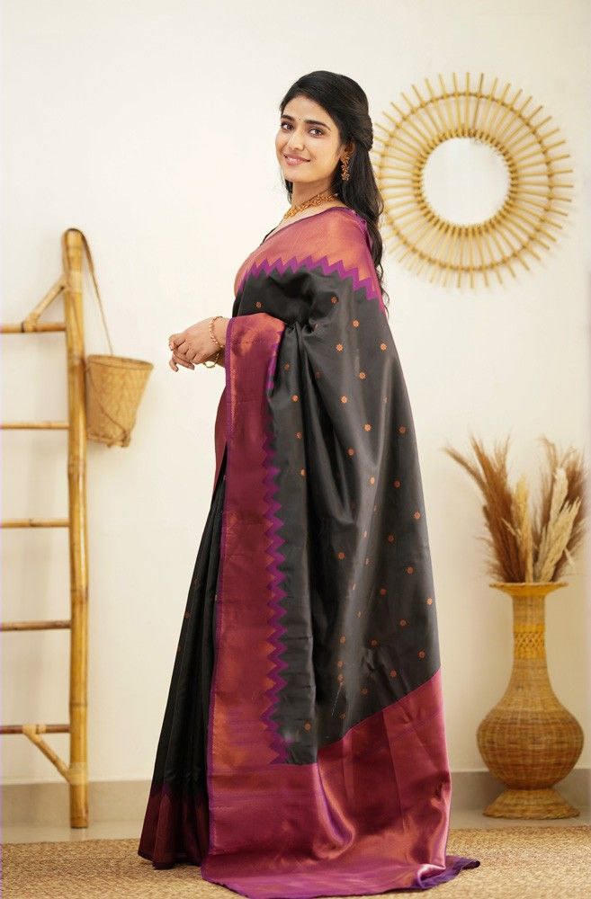 Stunning Black Color Jacquard Border Silk Saree