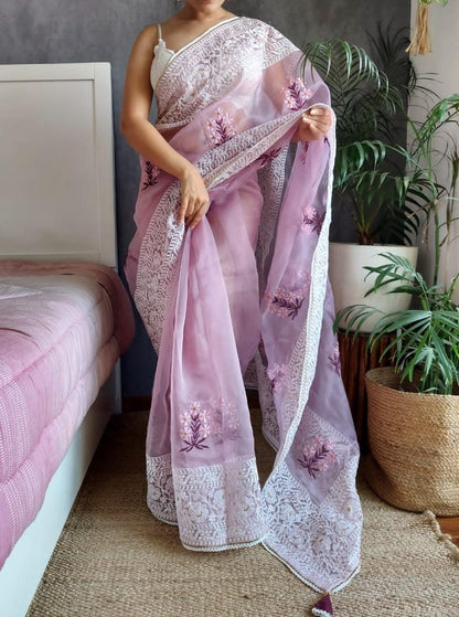 Delightful Lavender Color Organza Silk Saree