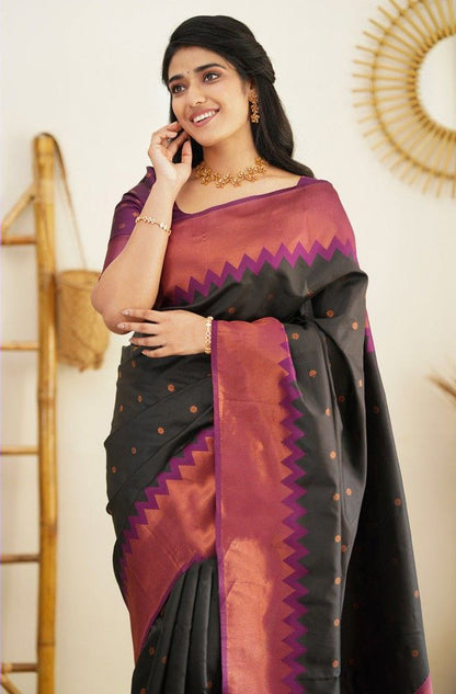 Stunning Black Color Jacquard Border Silk Saree