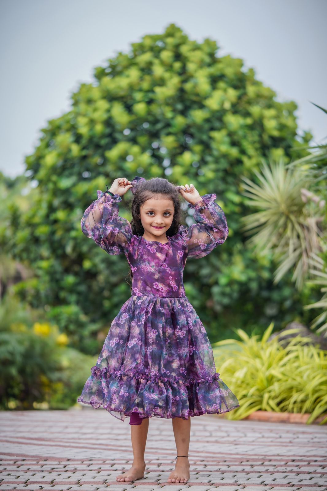 Floral Print Wine Organza Daughter Dress