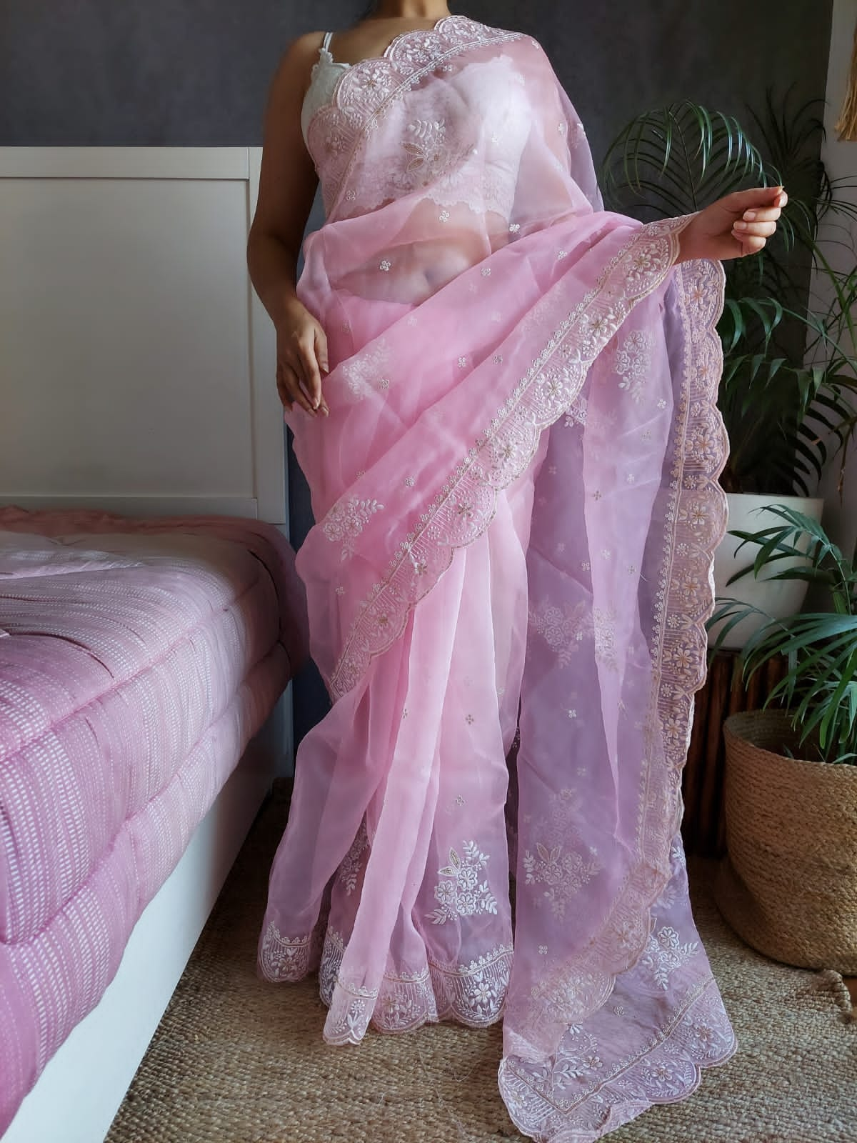 Pink Color Thread Sequence Work Organza Saree