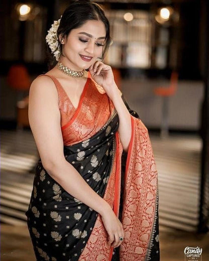 Captivating Golden Jari Black And Red Saree