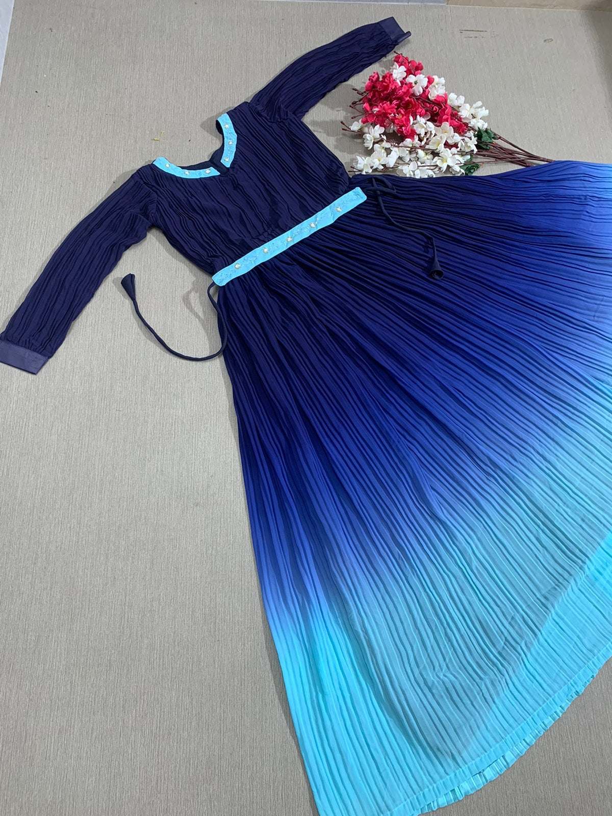 Double Tone Blue And Sky Plated Gown With Belt