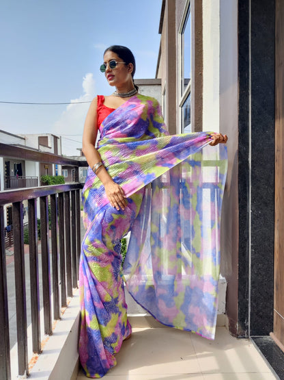 Tie And Dye Ready To Wear Lavender Color Saree