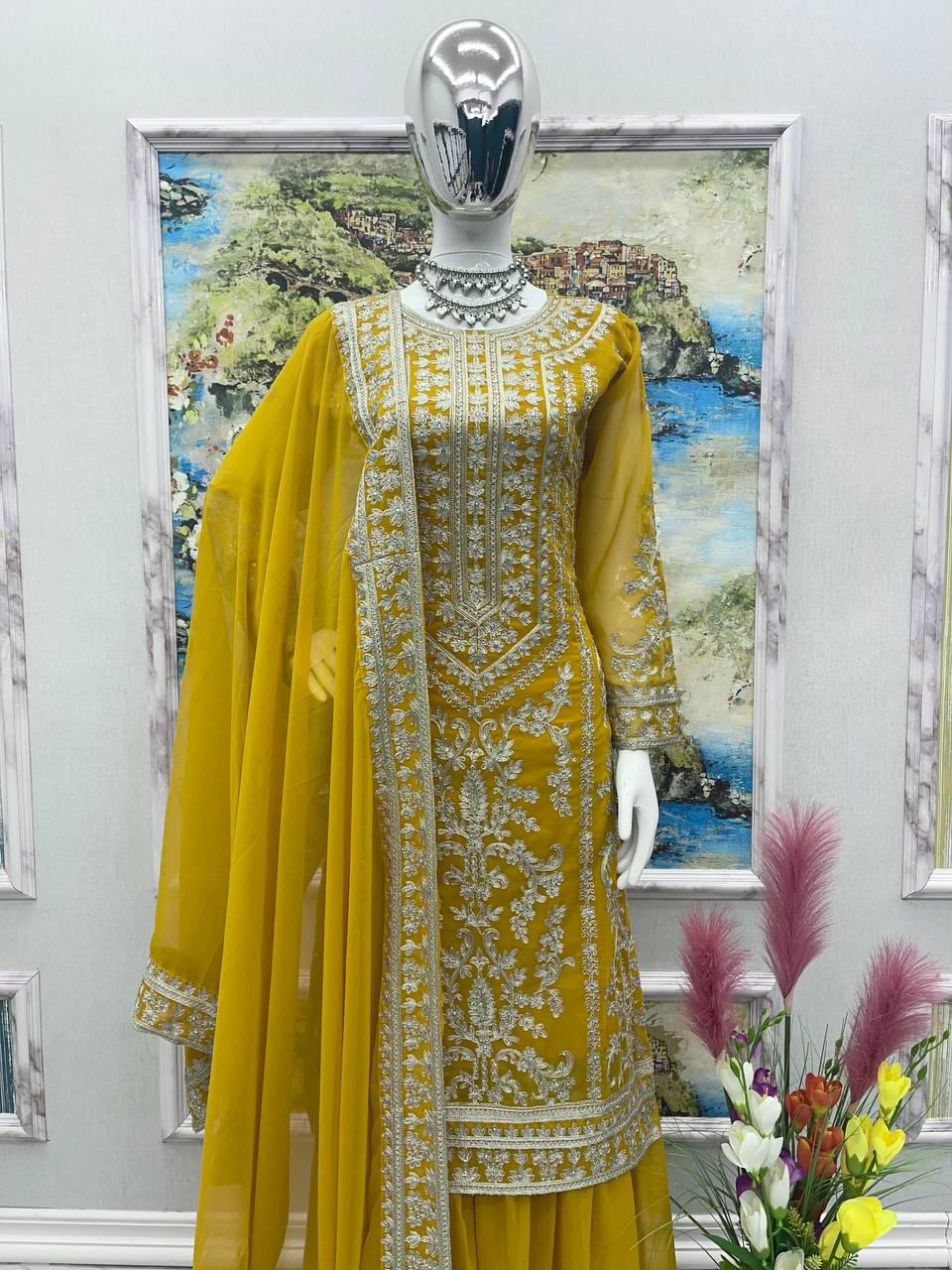 Yellow Color Beautiful Work Sharara Suit