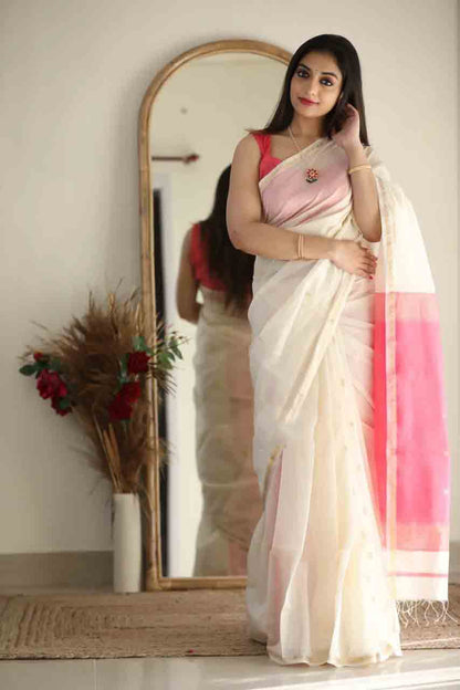 Casual Wear White Color Saree With Pink Border