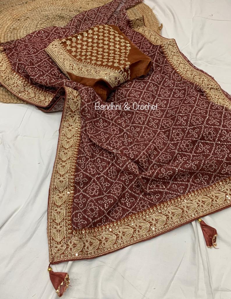 Bandhani Print Border Work Brown Color Saree