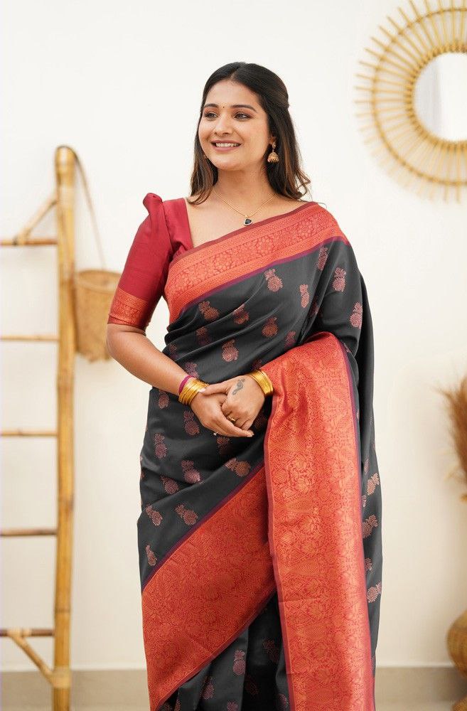 Festive Wear Black Color Lichi Silk Jari Work Saree