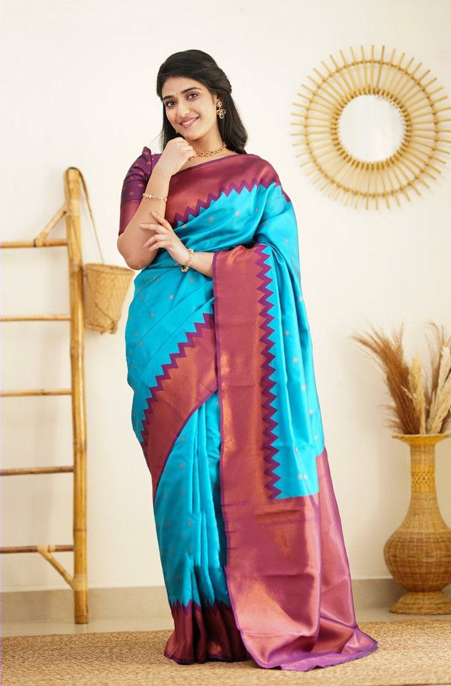 Stunning Sky Blue Color Jacquard Border Silk Saree