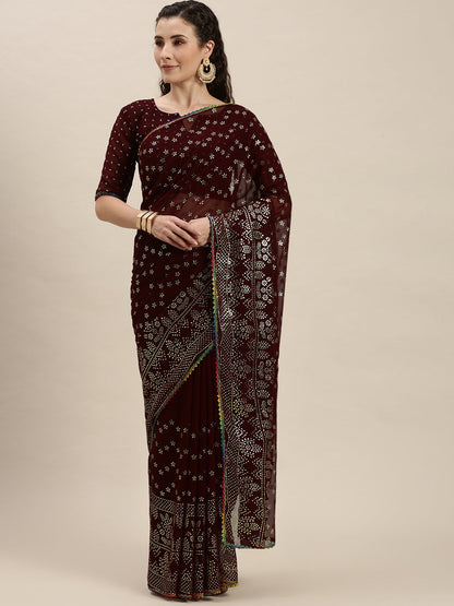 Awesome Brown Color Silver-Toned Beads Embroidered Saree