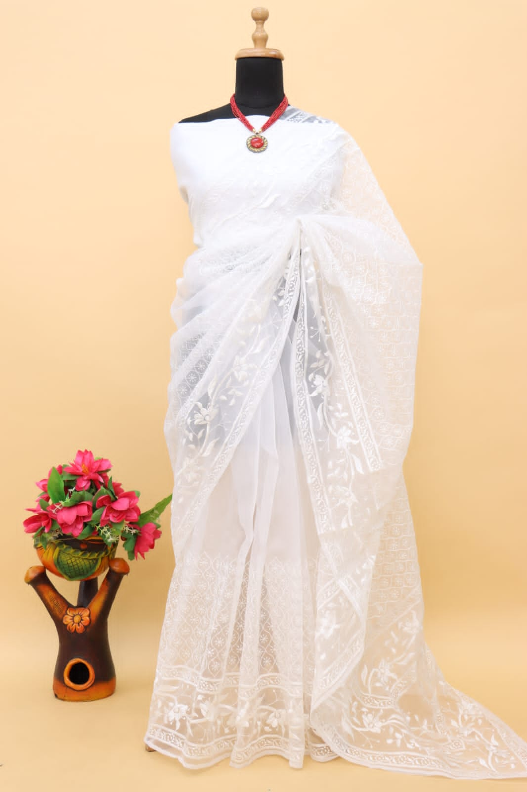 Mesmerizing White Color Organza Saree