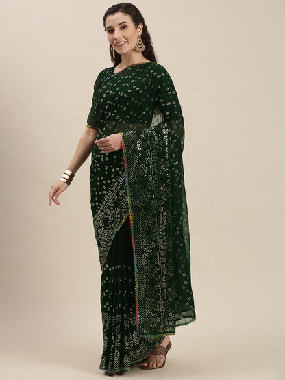 Awesome Green Color Silver-Toned Beads Embroidered Saree