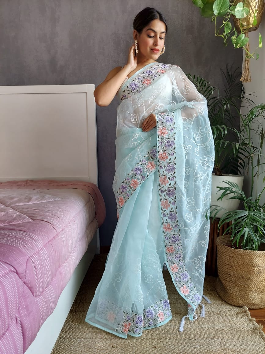 Luxuriant Sky Blue Color Thread Work Organza Saree