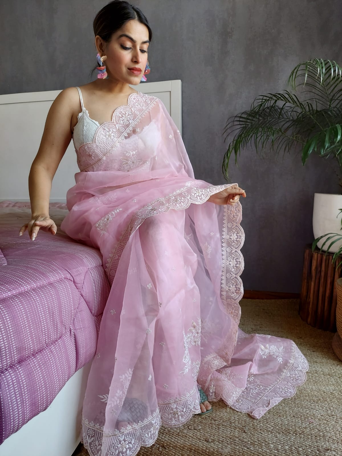 Pink Color Thread Sequence Work Organza Saree