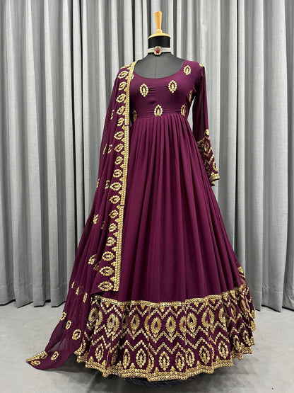 Fashionable Sequence Work Wine Color Gown