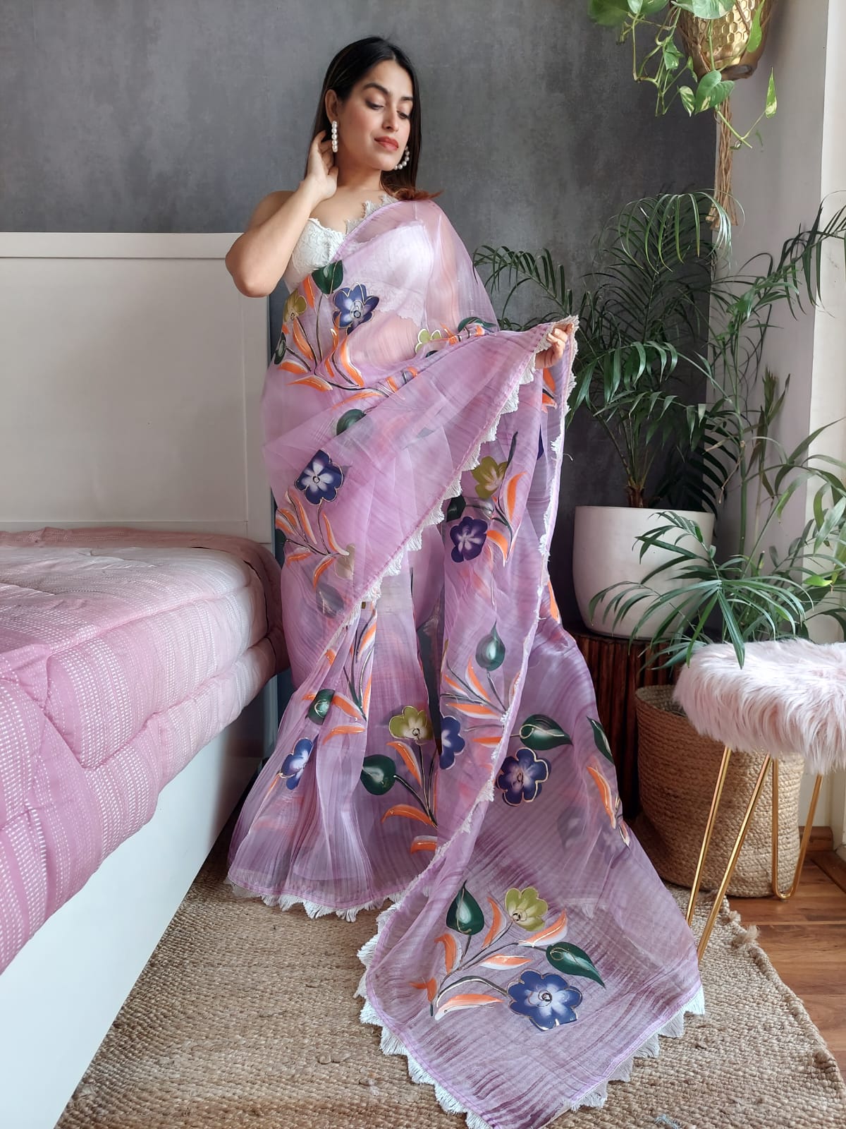 Lavender Color Gorgeous Organza Silk Saree