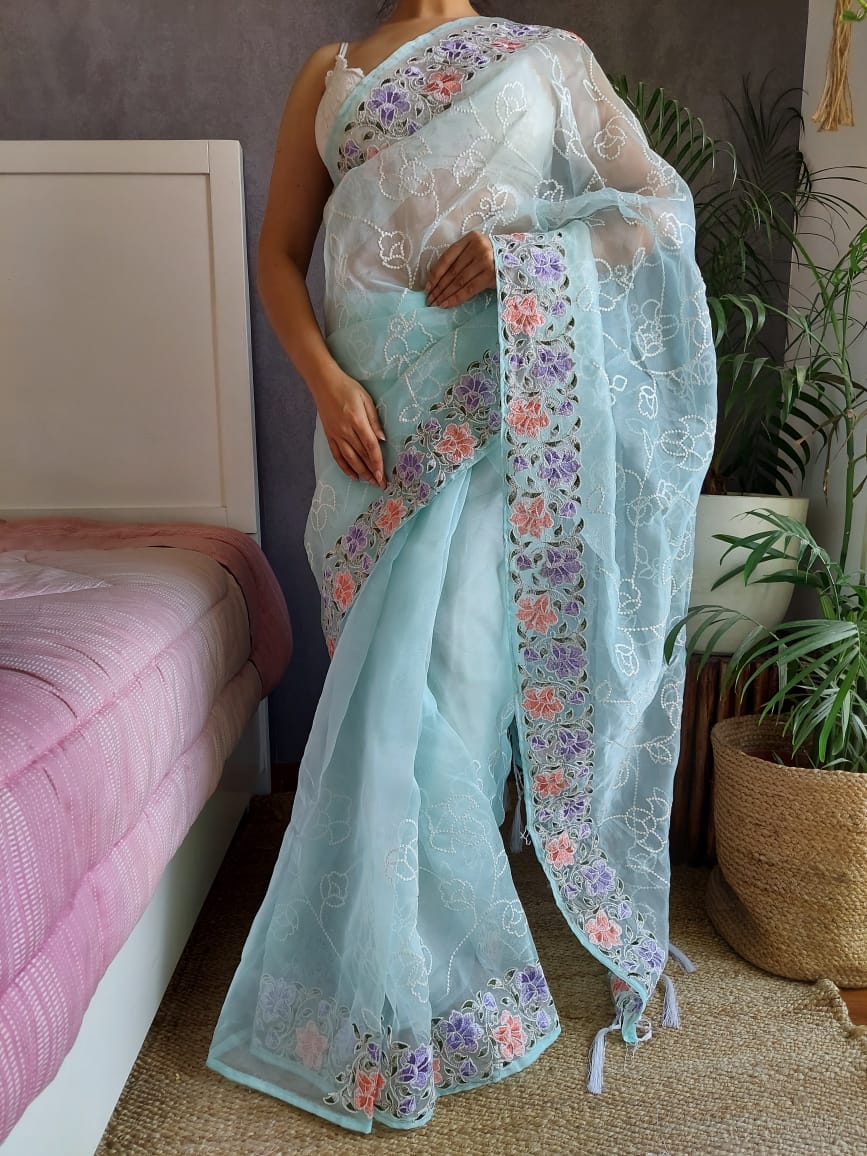 Luxuriant Sky Blue Color Thread Work Organza Saree