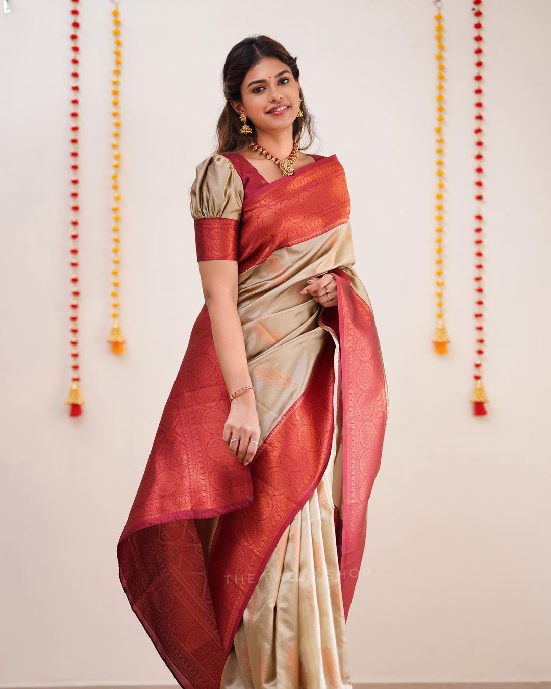 Gorgeous Coper Work Cream Color Silk Saree