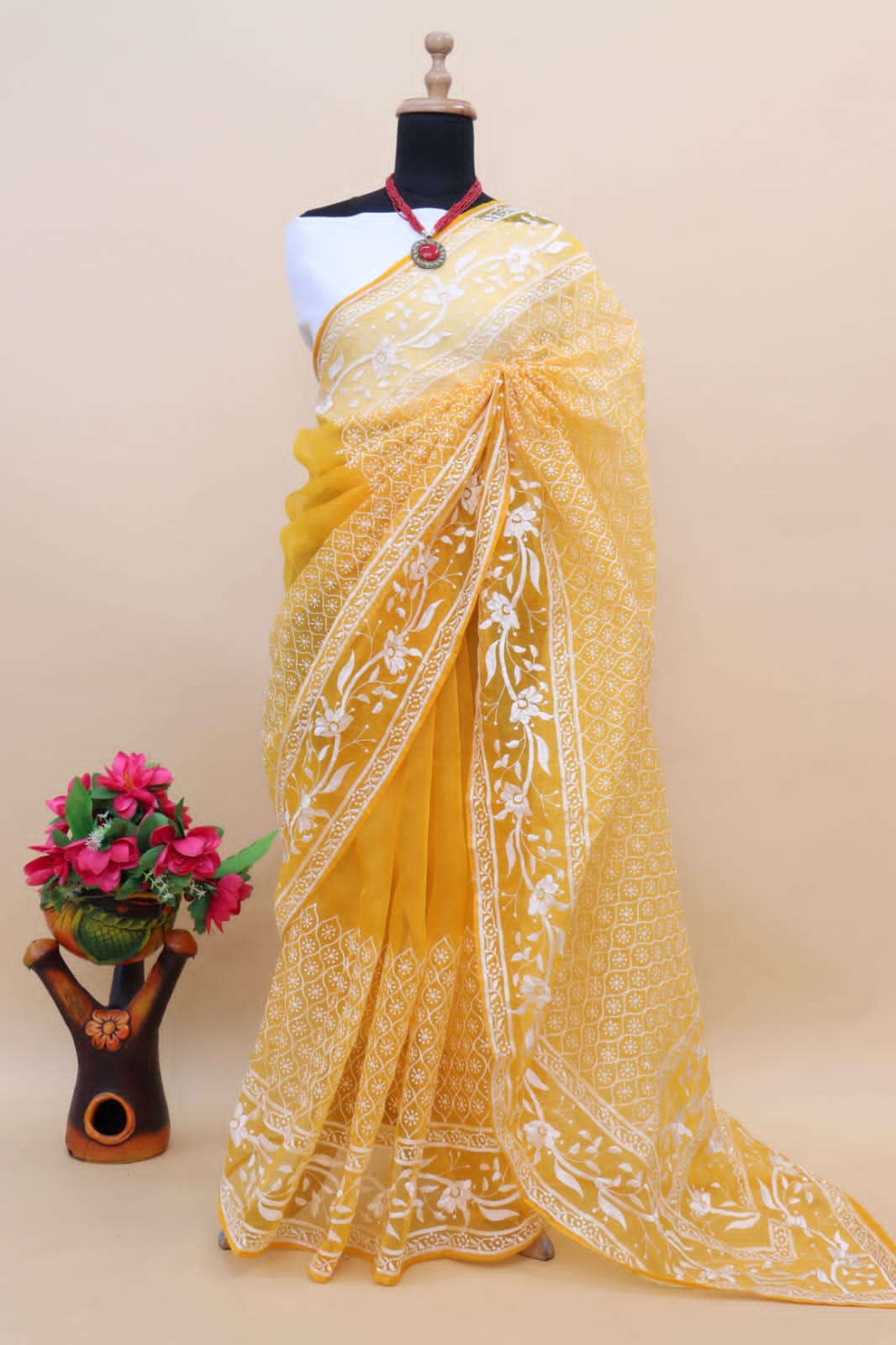 Mesmerizing Mustard Color Organza Saree