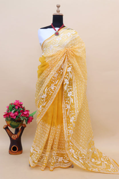 Mesmerizing Mustard Color Organza Saree