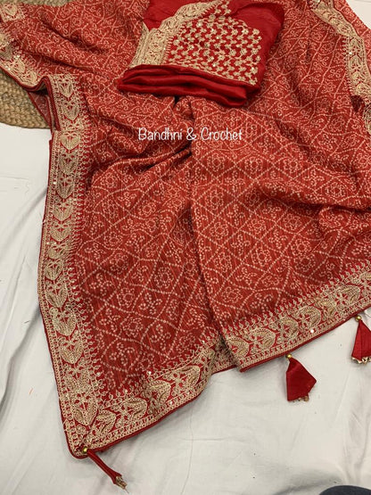 Bandhani Print Border Work Maroon Color Saree