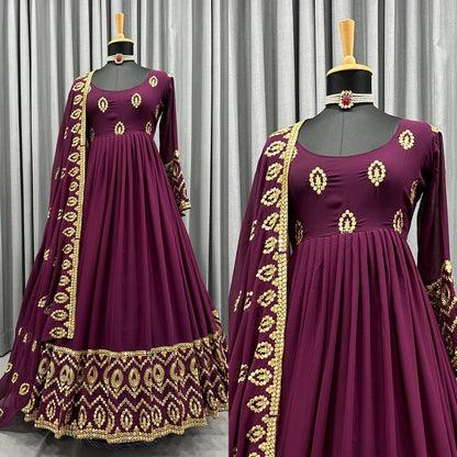 Fashionable Sequence Work Wine Color Gown