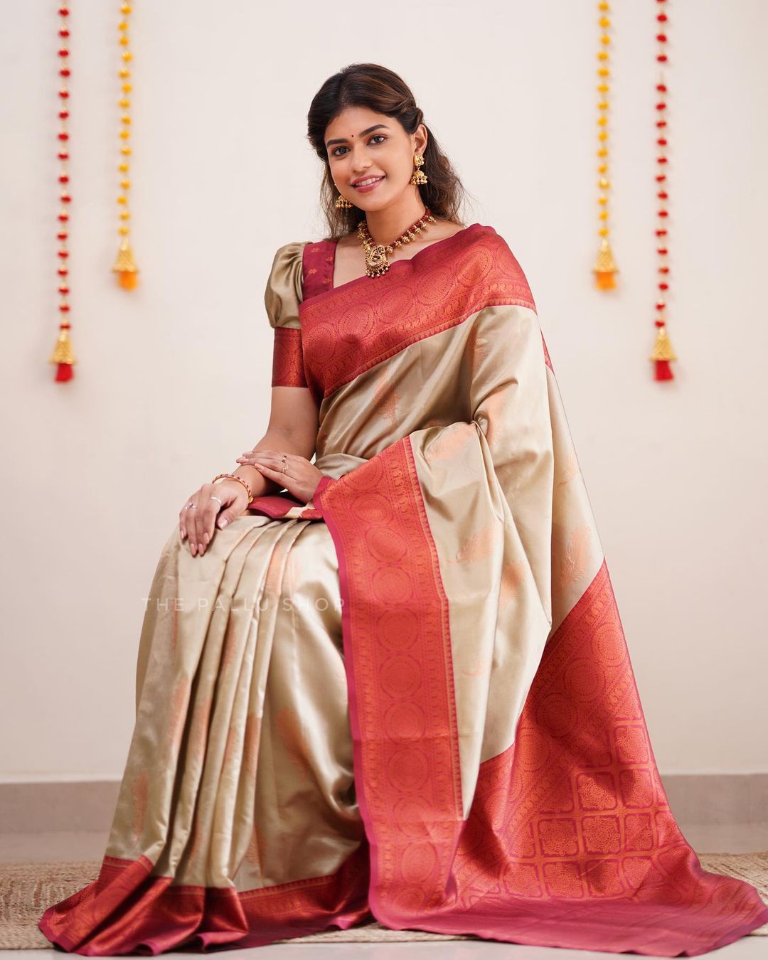 Gorgeous Coper Work Cream Color Silk Saree