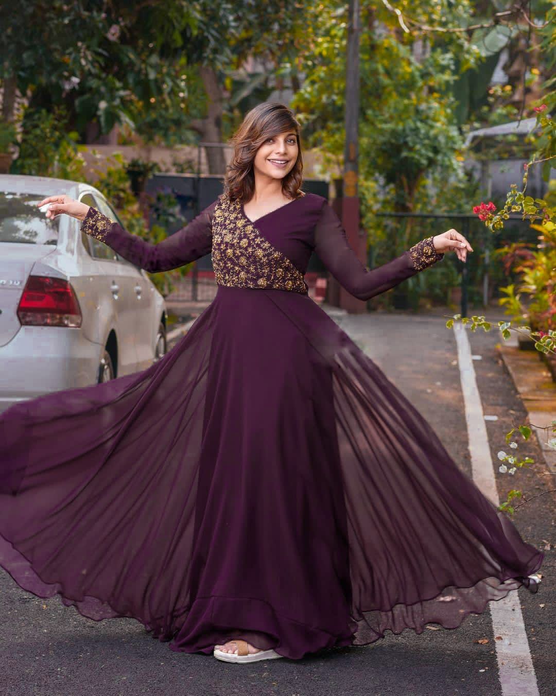 Wedding Wear Wine Color Sequence Work Long Gown