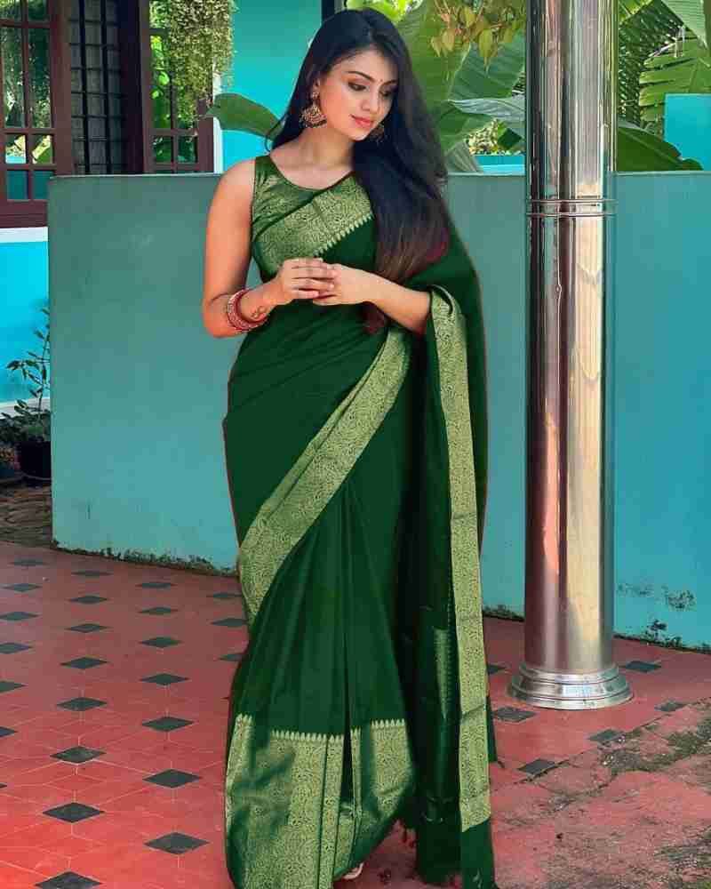 Awesome Golden Jari Design Green Color Saree