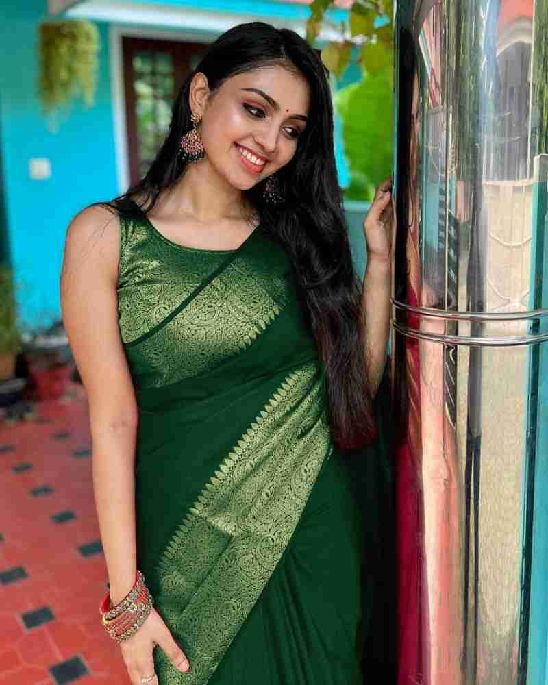 Awesome Golden Jari Design Green Color Saree