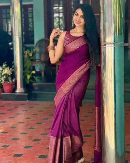 Awesome Golden Jari Design Wine Color Saree