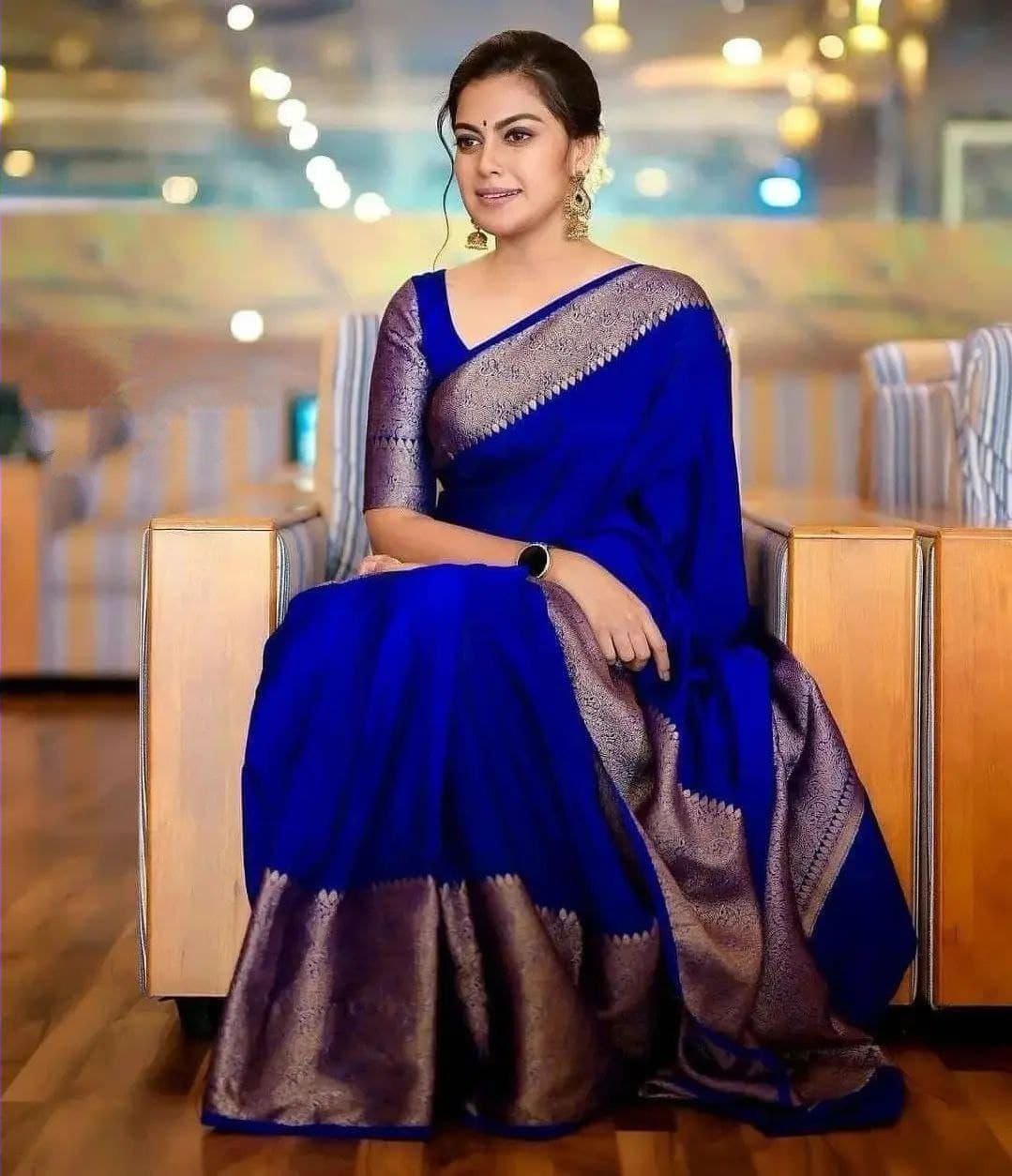 Awesome Golden Jari Design Blue Color Saree