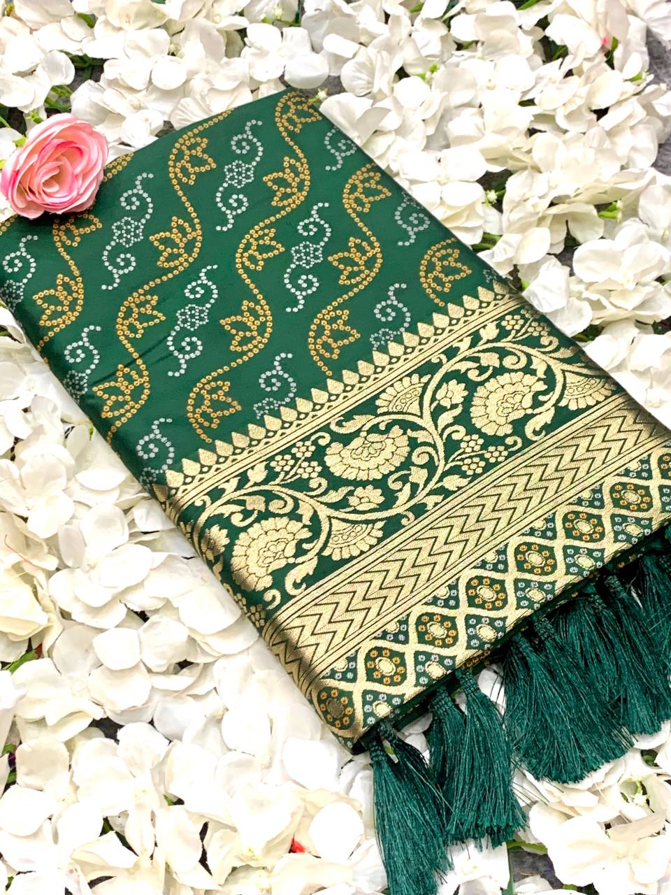 Beautiful Patola Silk With Bandhani Designed Green Color Saree