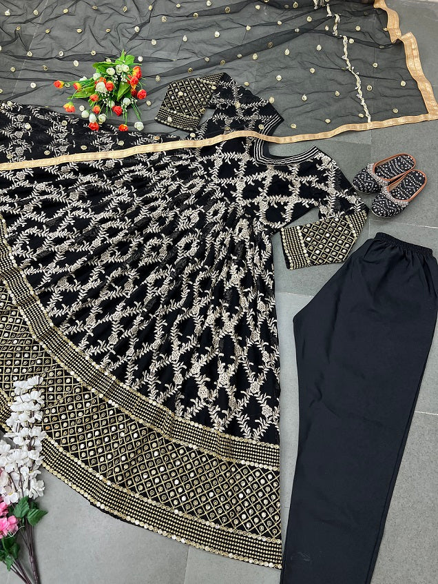 Black Color Heavy Embroidery Sequence Work Anakral Suit