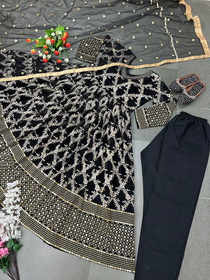 Black Color Heavy Embroidery Sequence Work Anakral Suit