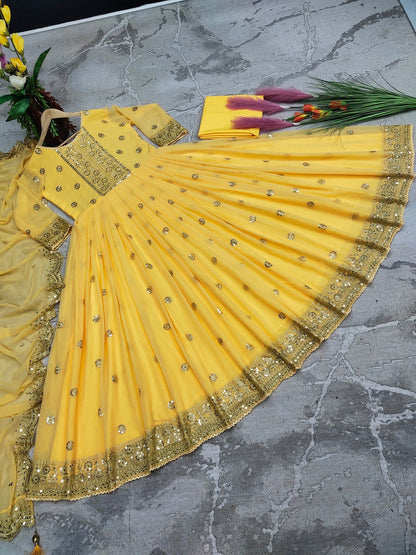 Yellow Color Embroidery Sequence Trendy Gown