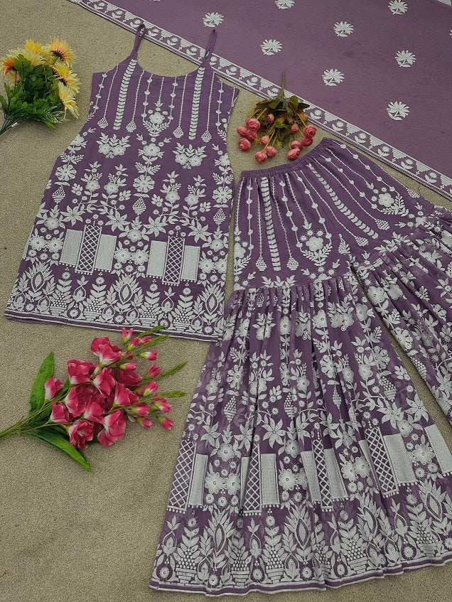 Wedding Wear Lavender Color Diamond Hand Work Sharara Suit