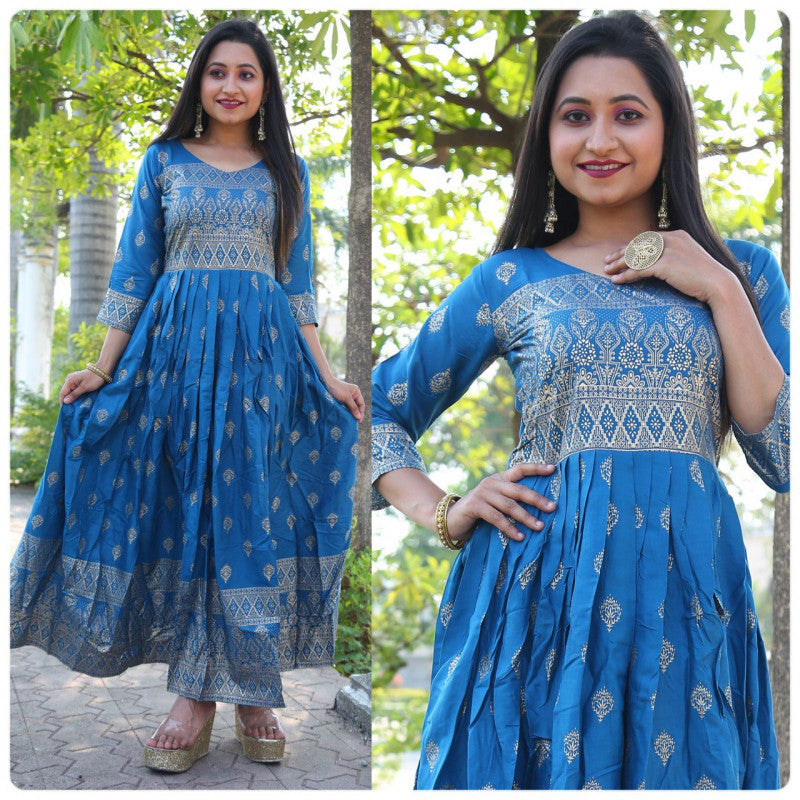 Designer Teal Blue Color Foil Print Long Kurti