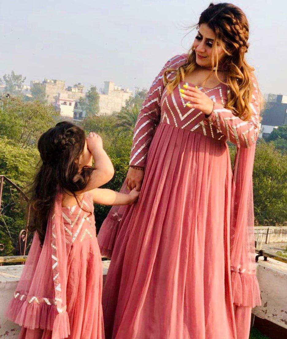 Latest Peach Color Mother Daughter Party Wear Gown  Combo